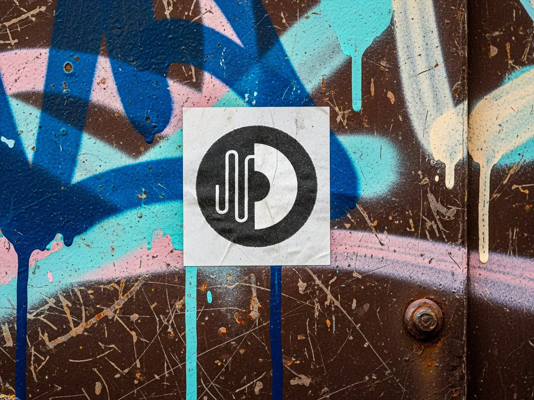 Sticker rond Phonomaker collé sur un mur affiché