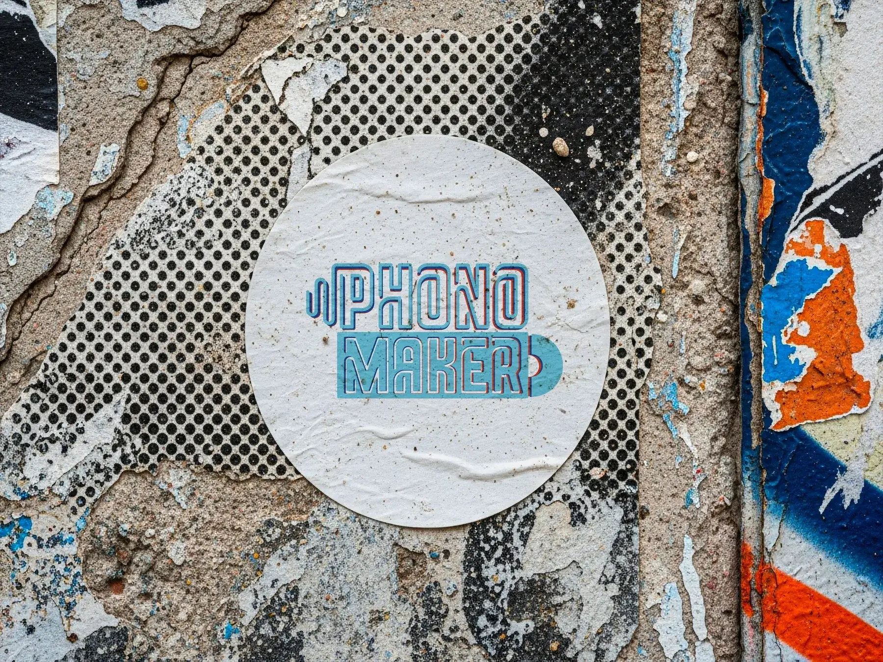 Sticker carré Phonomaker sur une porte taguée